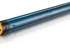 Donkerblauwe Somfy Altus RTS motor met gele eindkappen en gele as
