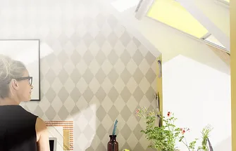 Vrouw kijkt naar geïnstalleerd Velux dakraam in witte dakruimte met planten en decoratie