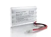 Witte Somfy noodbatterij met rode kabels en technische specificaties op het etiket