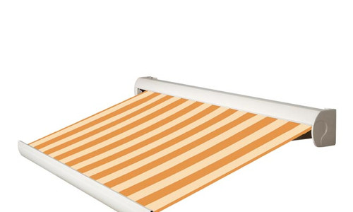 Knikarmscherm Furore Cassette in oranje-wit gestreept met opgerold doek