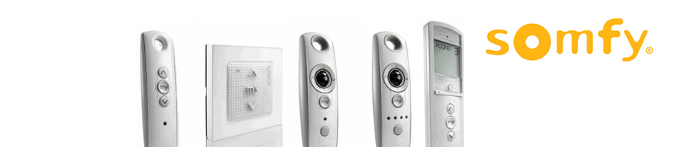 Vijf verschillende Somfy afstandsbedieningen in wit en grijs met knoppen en display