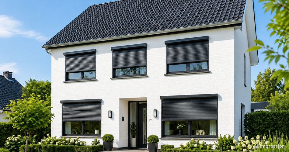 Wit rolluik gemonteerd onder een lichtblauw uitvalscherm aan baksteen gevel
