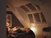 Donkerbruin rolgordijn met houten lamellen in woonkamer bij kunstwerk aan de muur