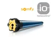 Somfy Sunea 50 IO zonweringsmotor met gele bedieningsknoppen en blauw lichaam