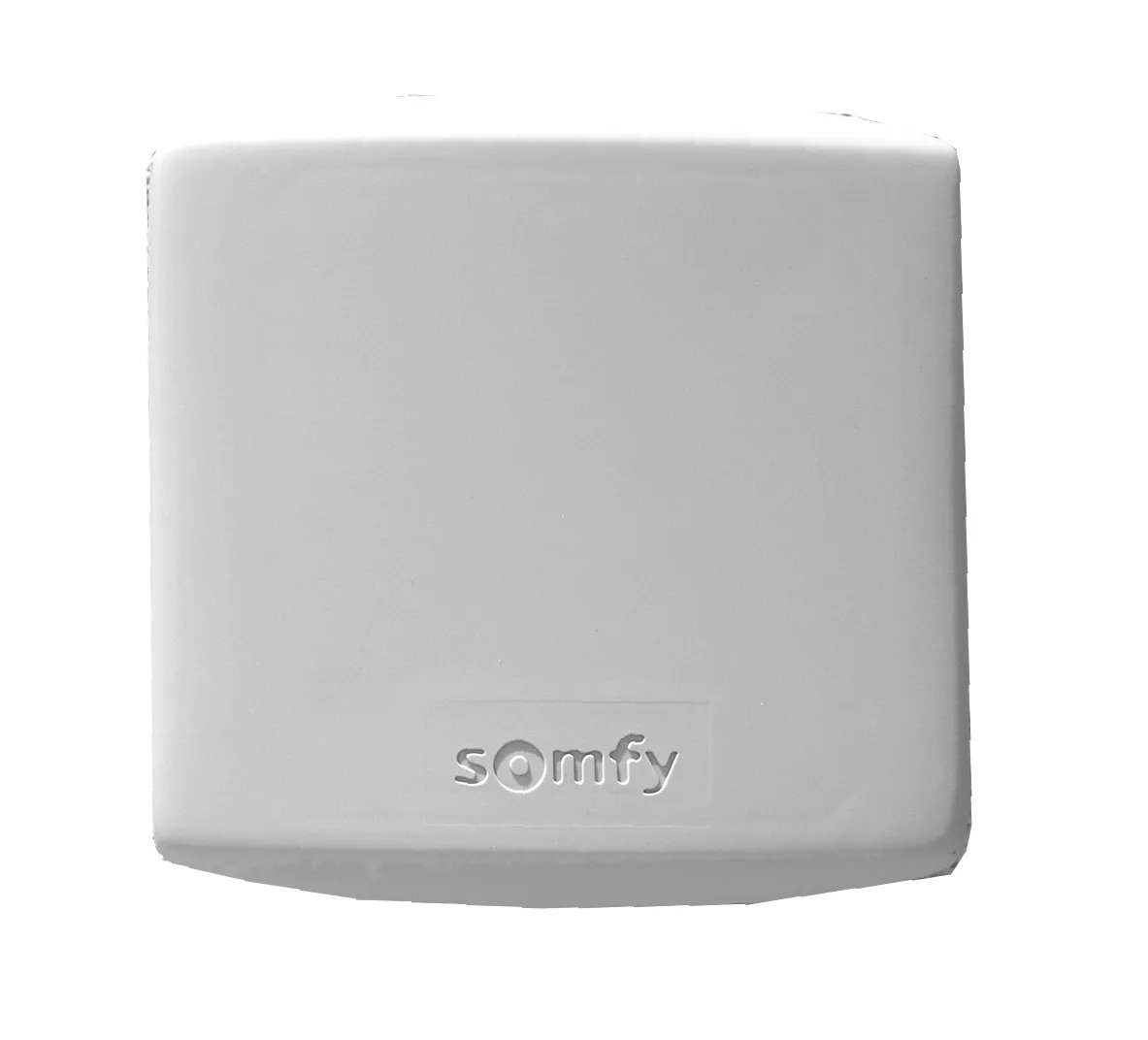 Witte rechthoekige behuizing van de Somfy universele RTS ontvanger voor buiten